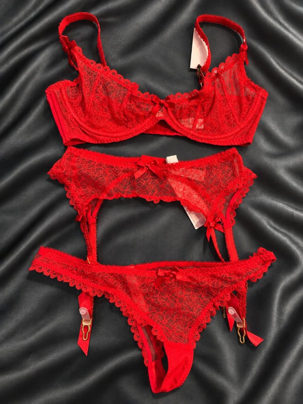 Red Lace Three-Piece Lingerie Set - Women Intimates & Sleepwear